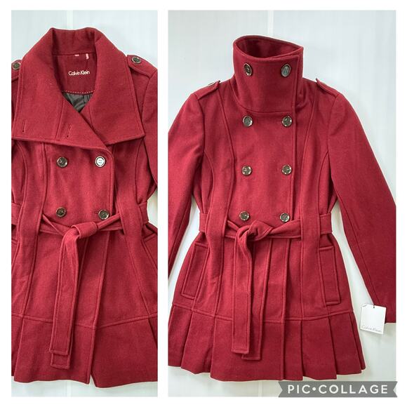 Calvin Klein Jackets & Blazers - NEW CALVIN KLEIN Sz 2 Skirted Wool Trench Coat Pleated Double Breast Burgundy